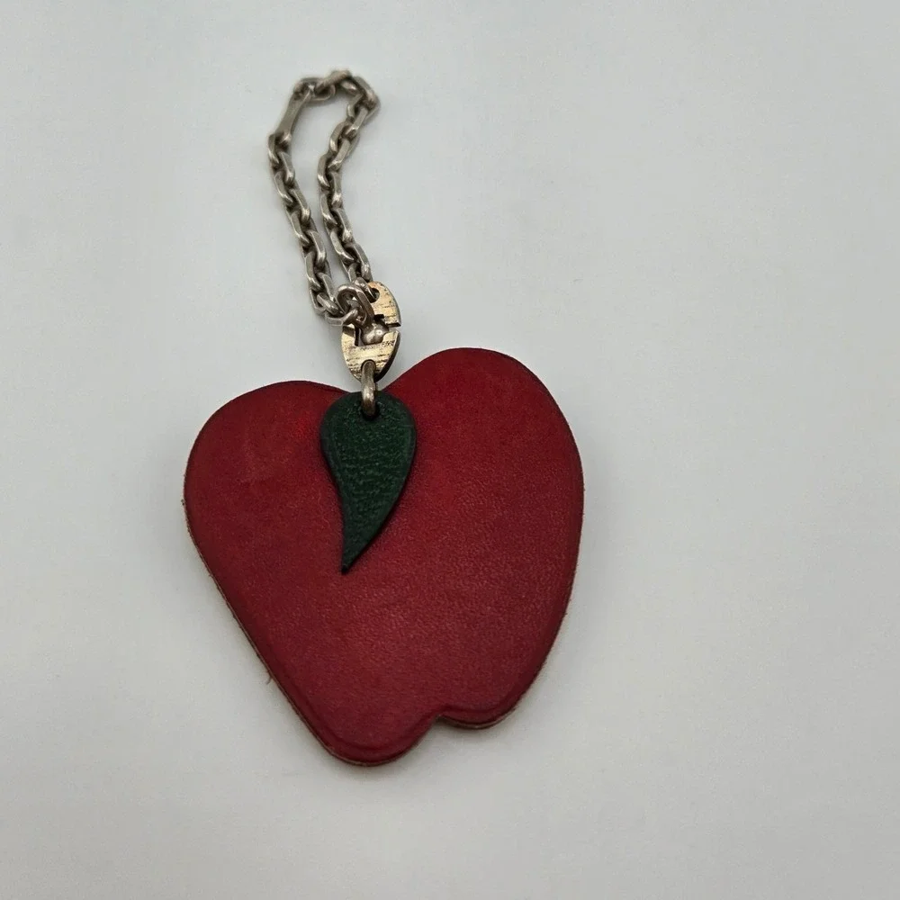 Hermes Apple Bag Charm Red Leather Green Leaf Silver Chain Accessory with Box